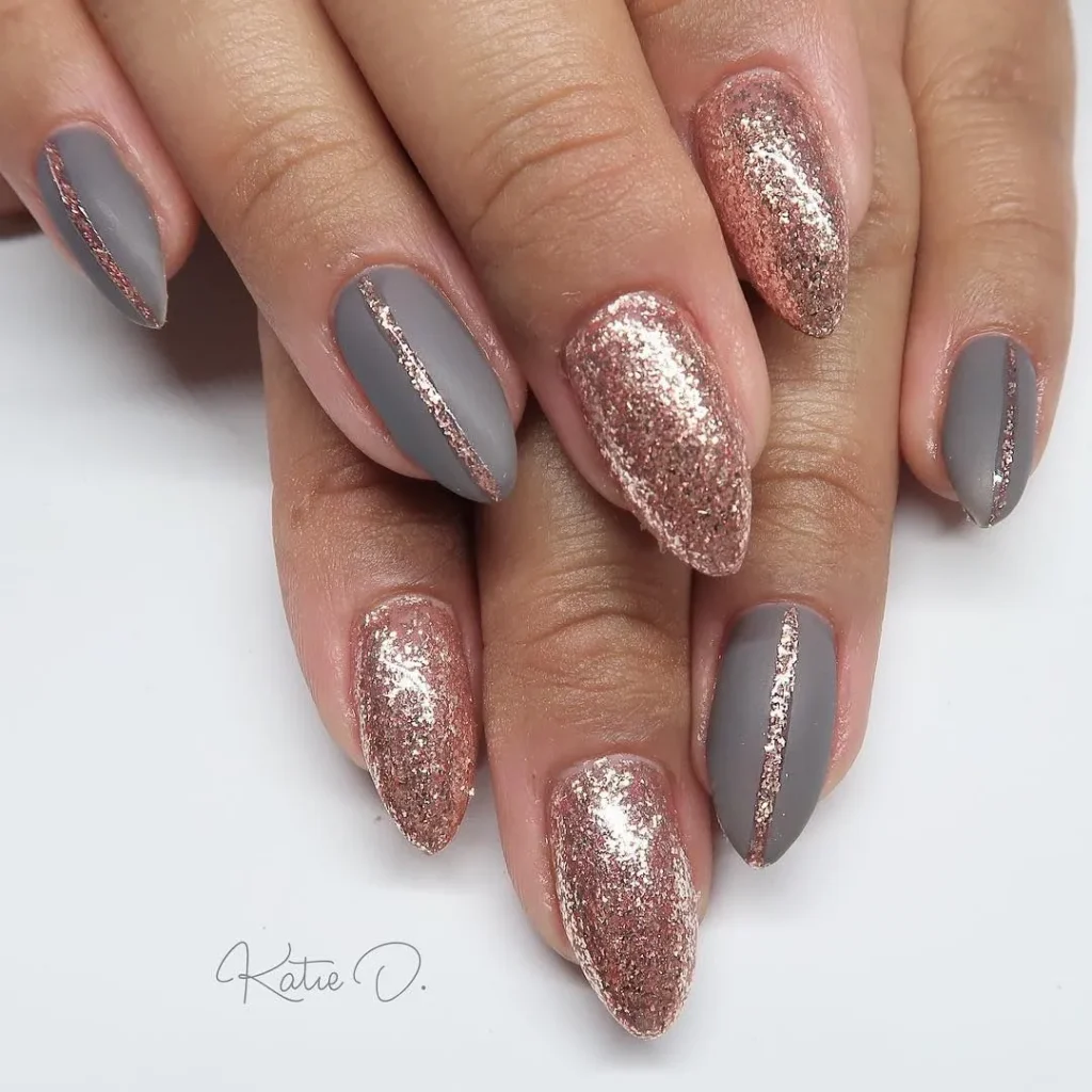 gray and rose gold almond nails