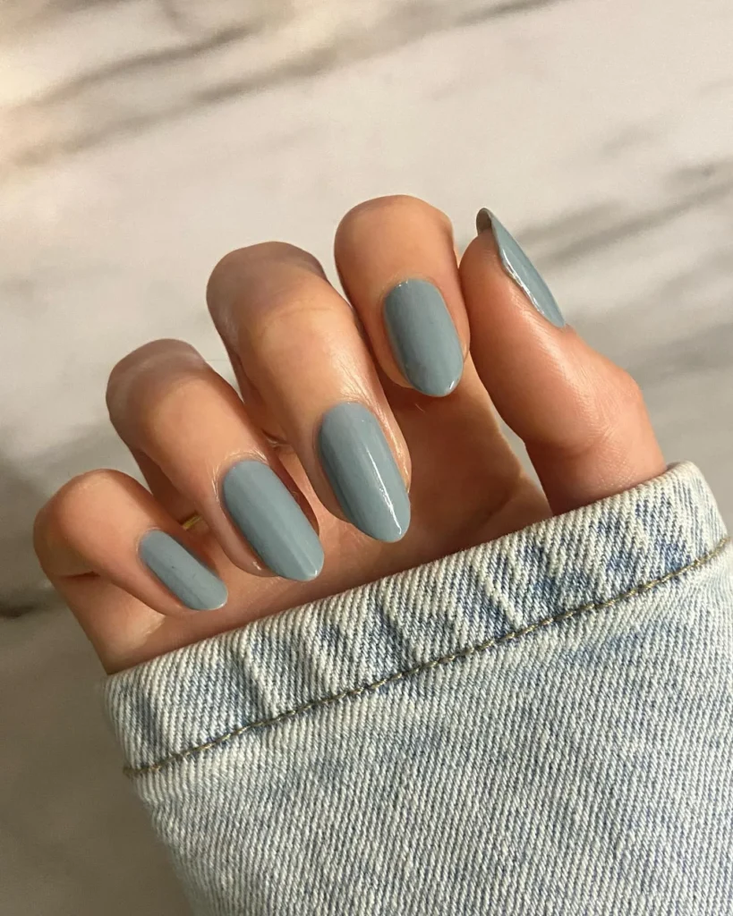 blue-gray solid glossy almond nails