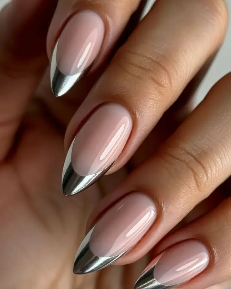 mirror chrome silver French tip almond nails