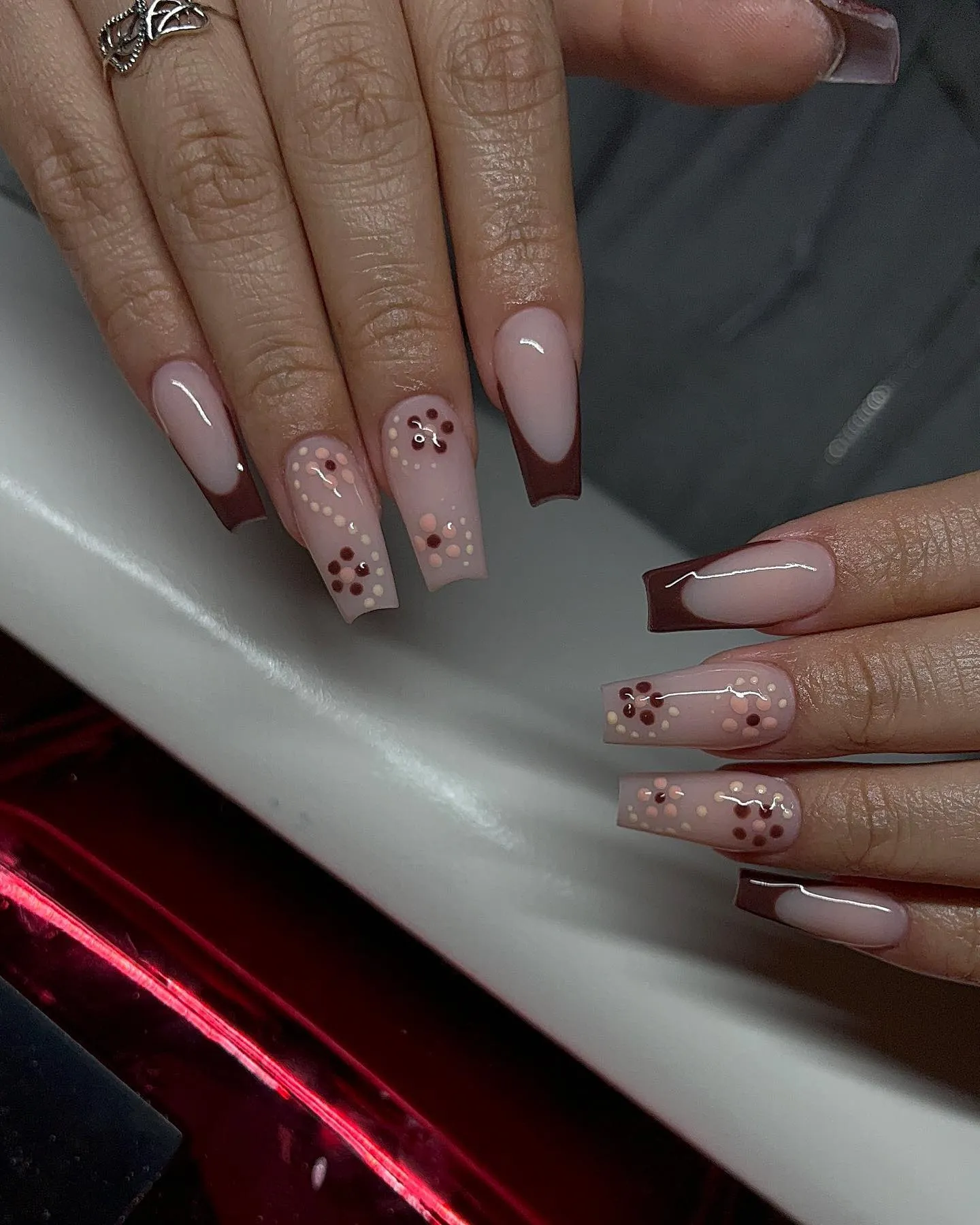 Floral Brown Coffin Nails