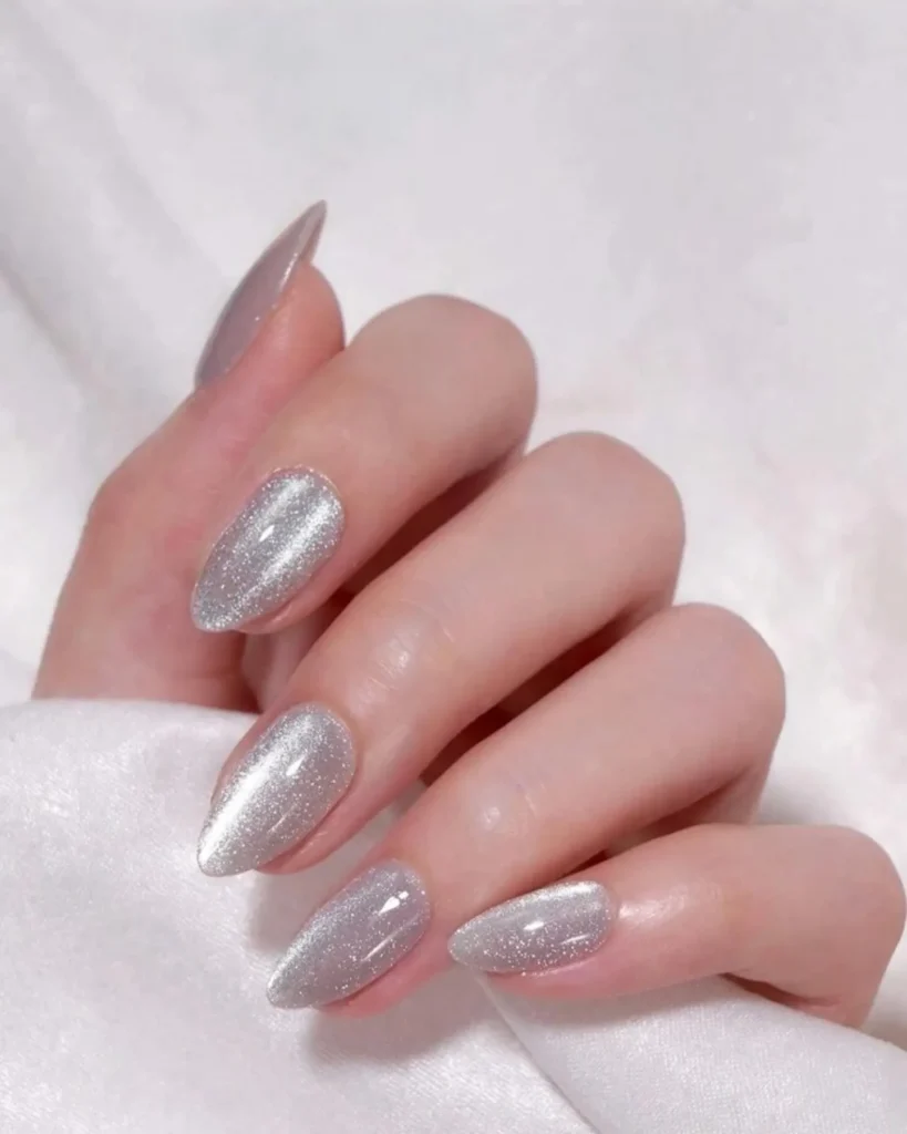 solid silver glitter almond press-on nails