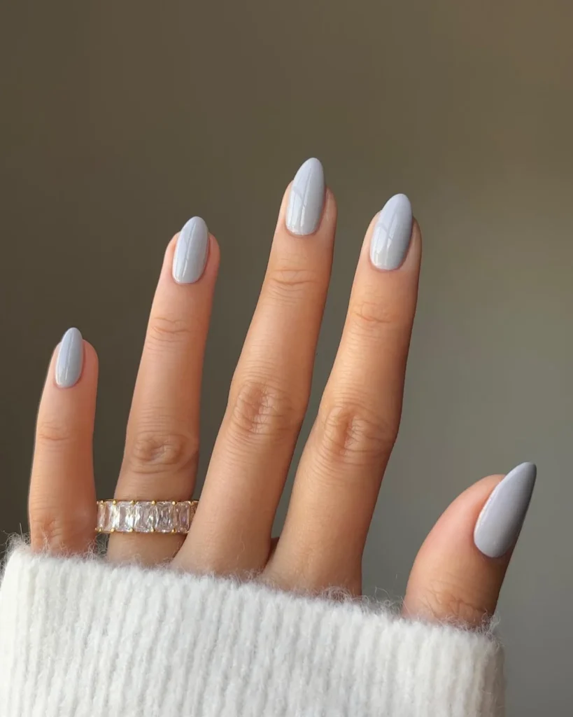 icy blue-gray minimal almond nails