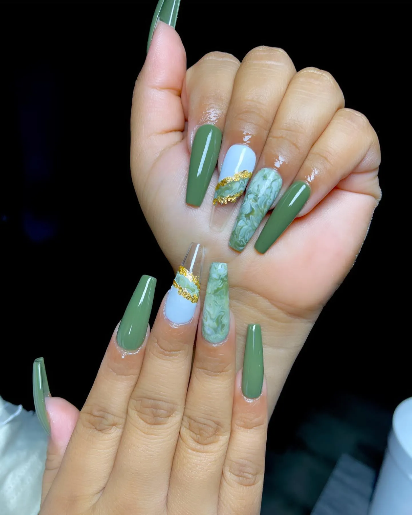 Sage and jade marble coffin accent nails with gold foil