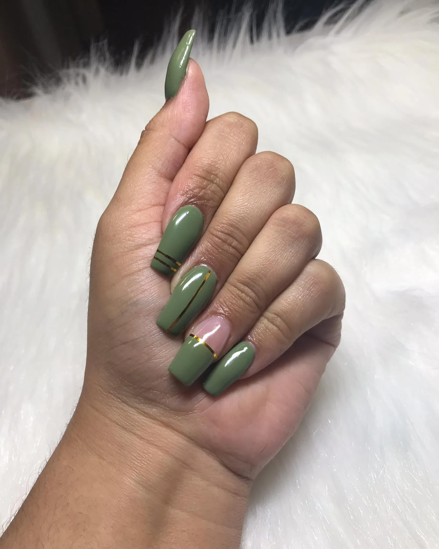 Olive Green Coffin Nails with Gold Stripe Accent