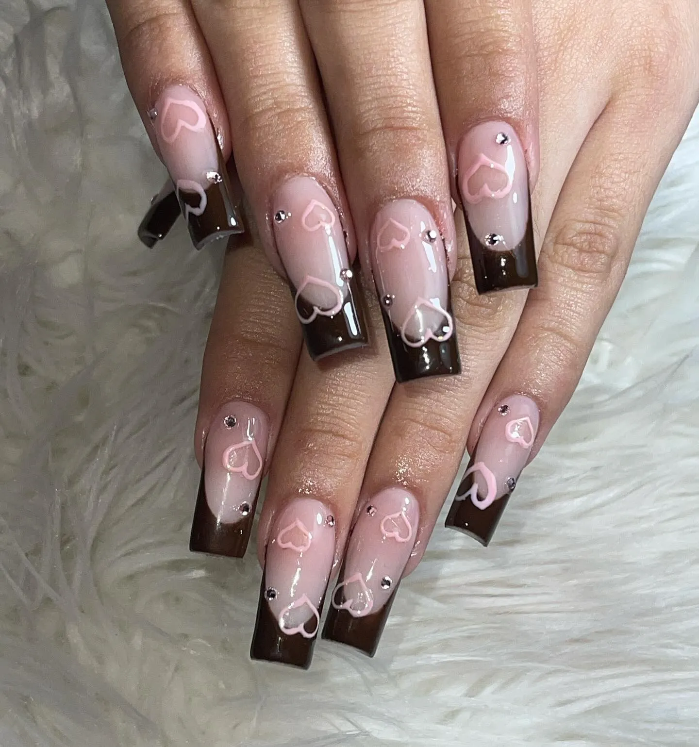 Rhinestone Brown Coffin Nails