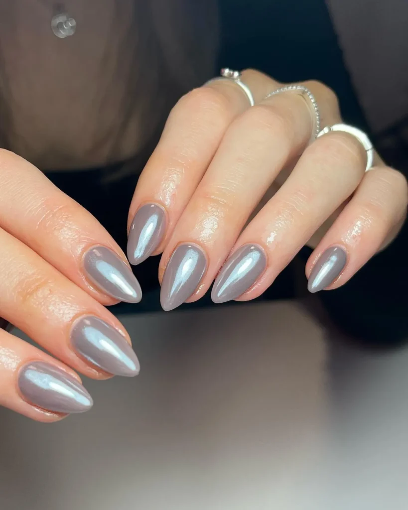 full mirror chrome gray almond nails