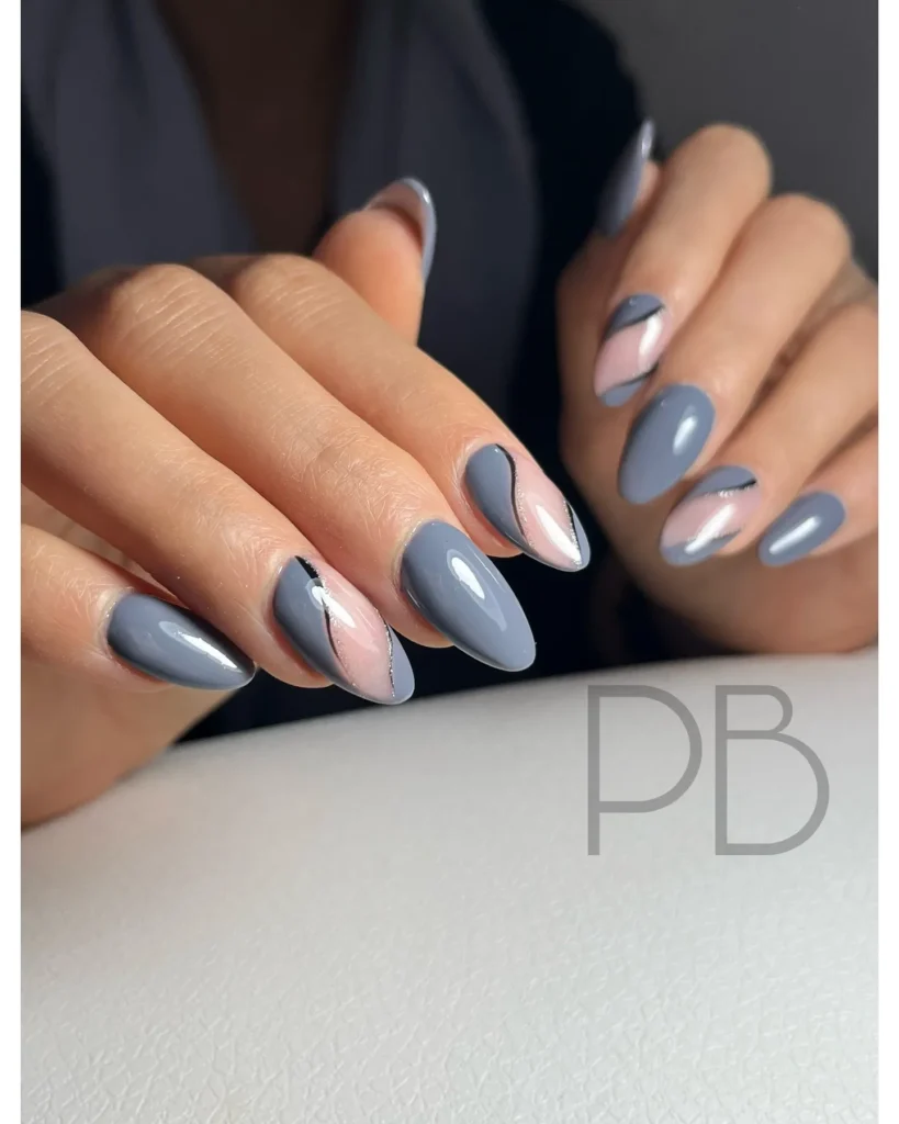 gray negative-space swirl almond nails
