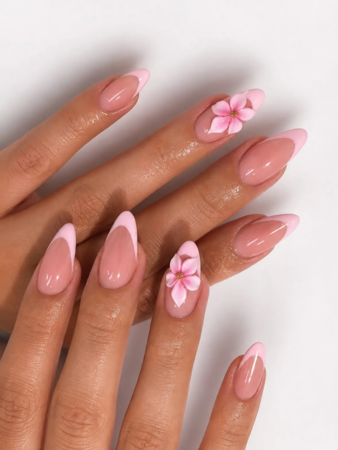 Pastel pink French with raised flower accents