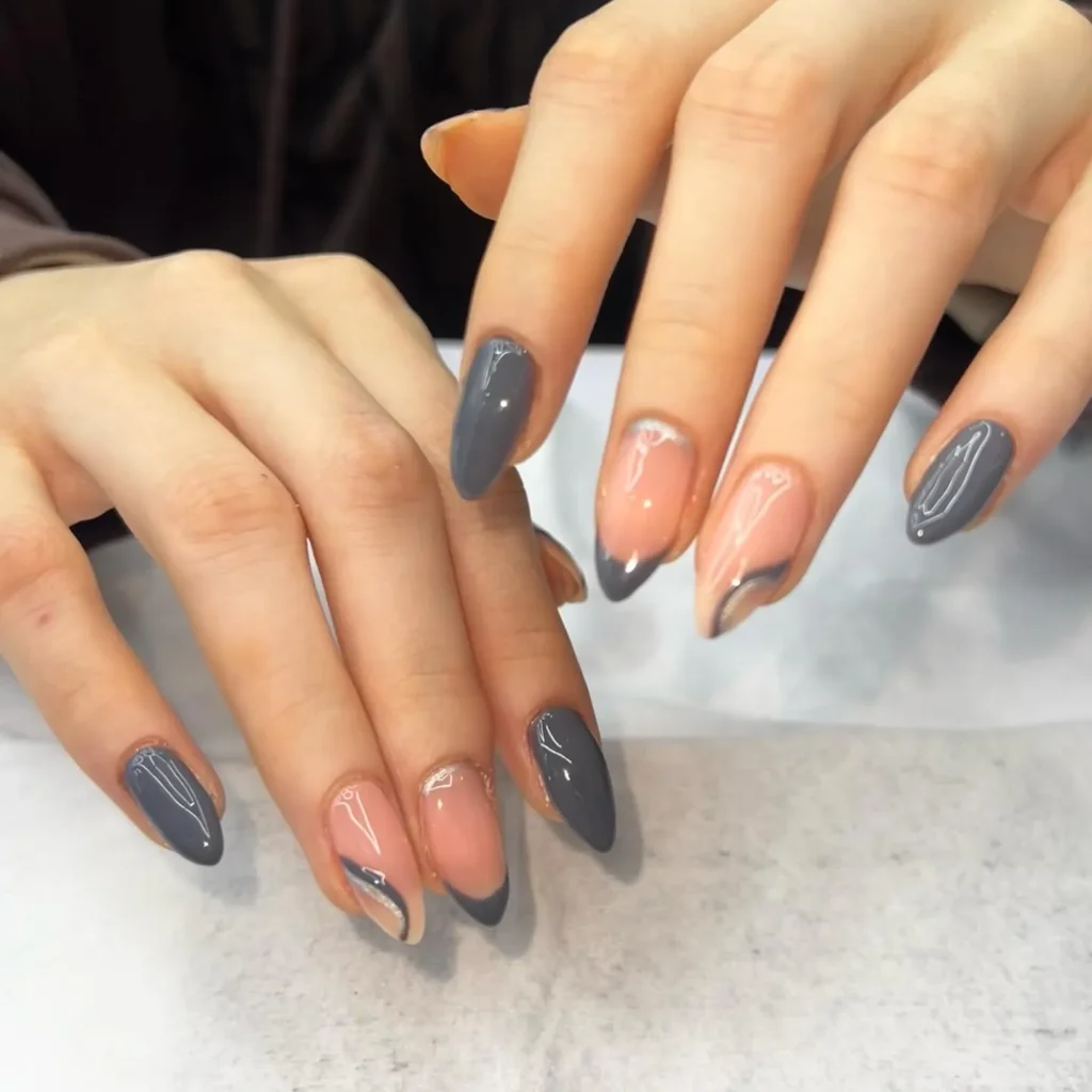 negative space gray almond nails