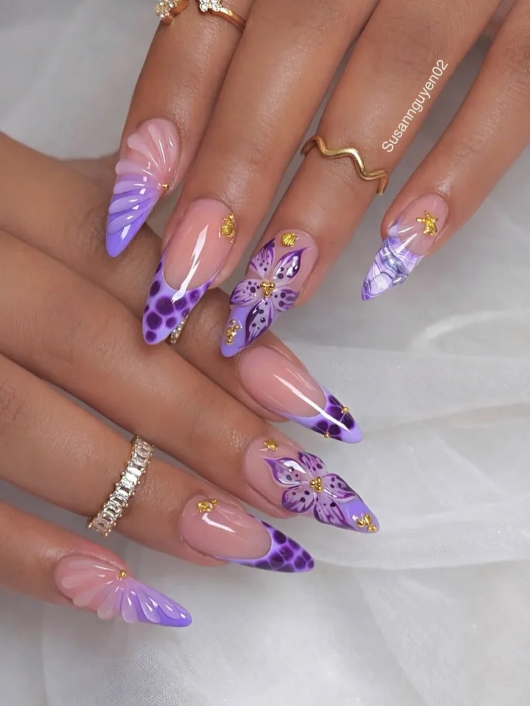 purple 3D butterfly almond nail art with cheetah print accents
