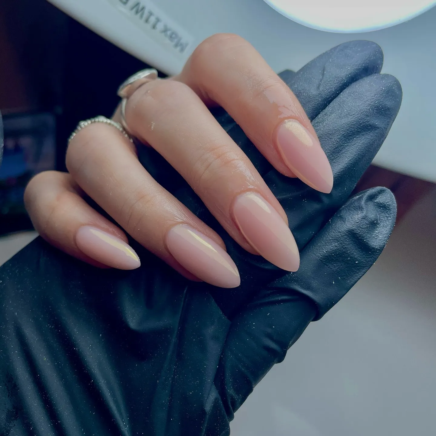 Nude Almond Nails with Two-Tone Finish