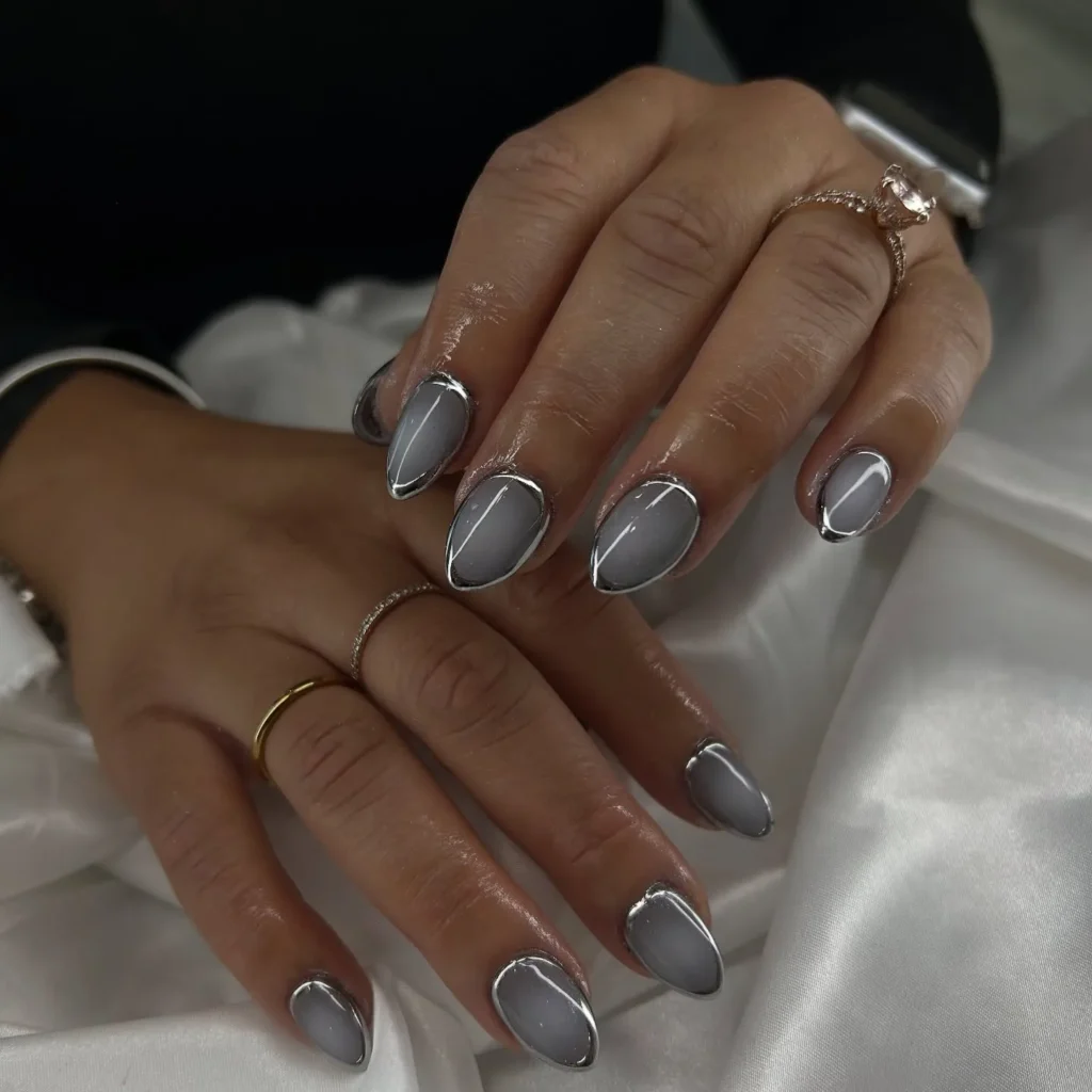 space grey chrome linework almond nails