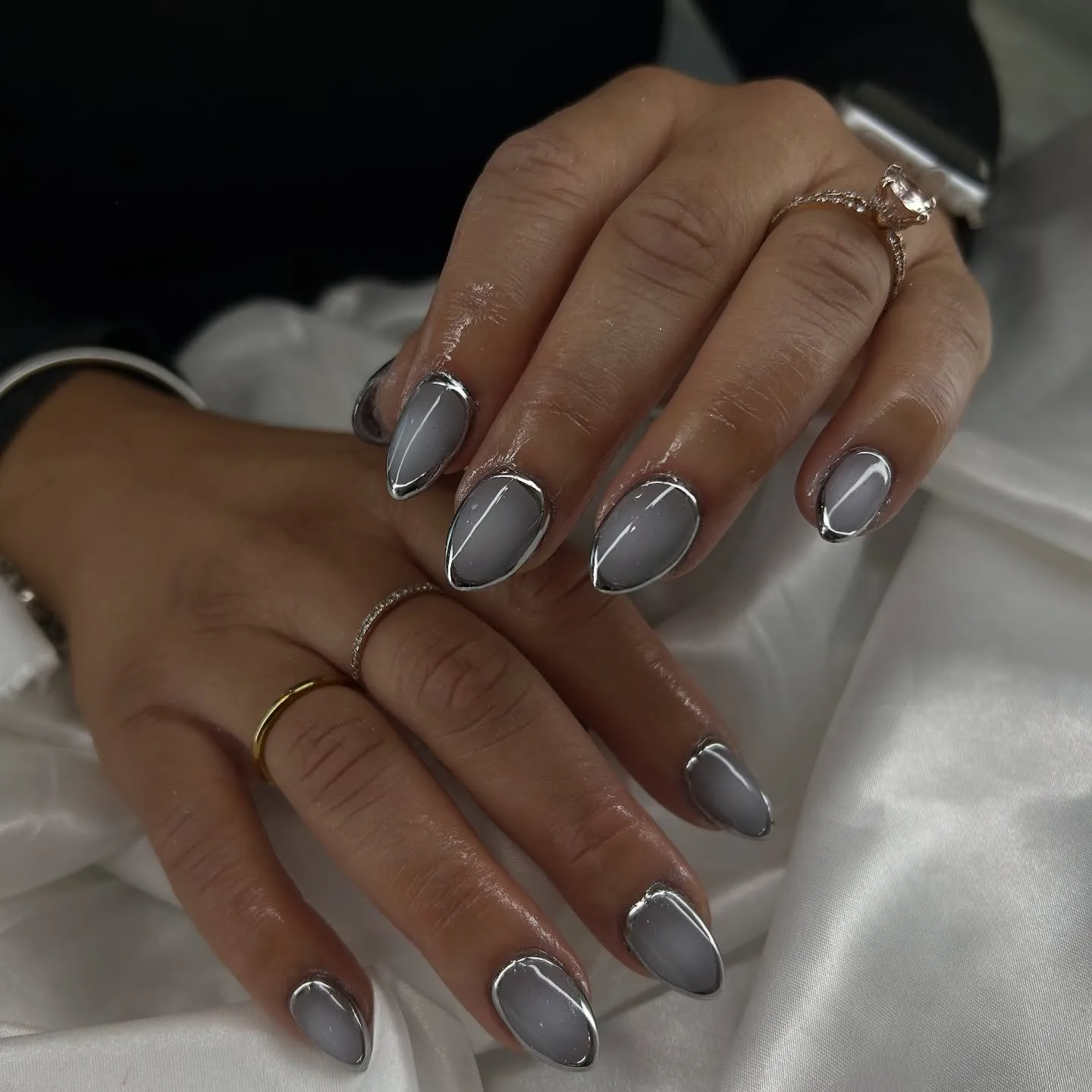 Space grey chrome linework almond nails