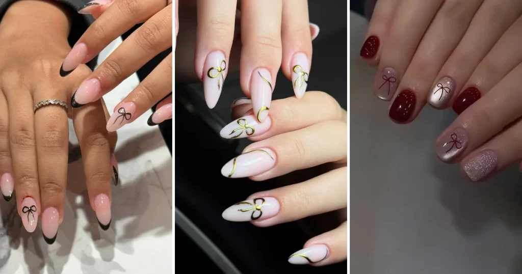 27 Bow Nail Designs: Ribbon, Coquette & 3D Bow Ideas collage