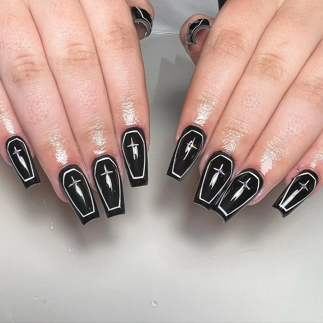 Black French Short nail design: black coffin french