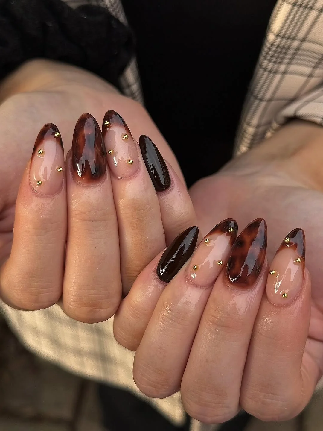 Almond nails with tortoiseshell, dark brown and gold stud accents