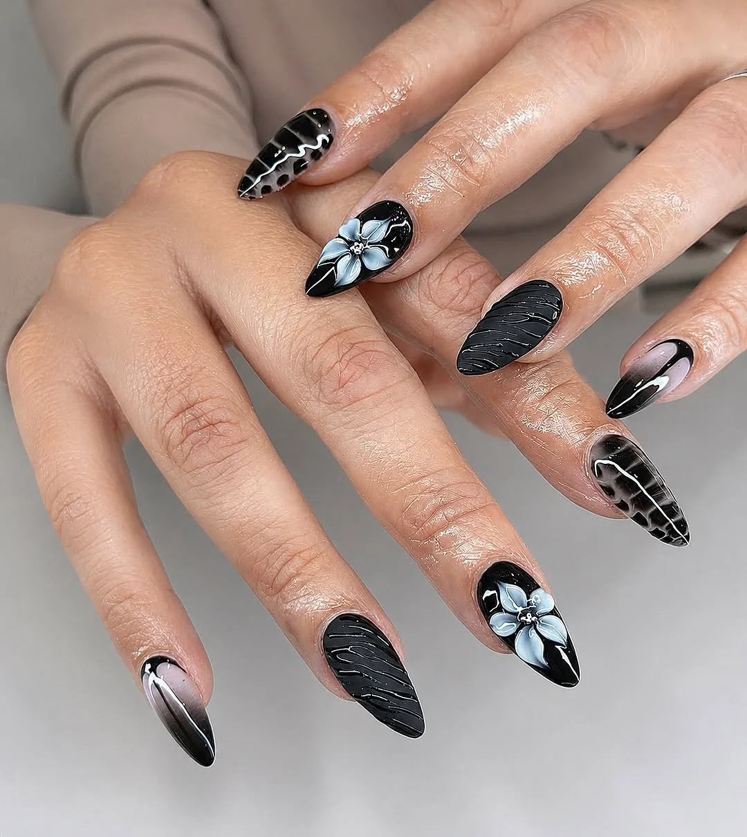 Beetlejuice Stripes nail design: black white checker/spooky short