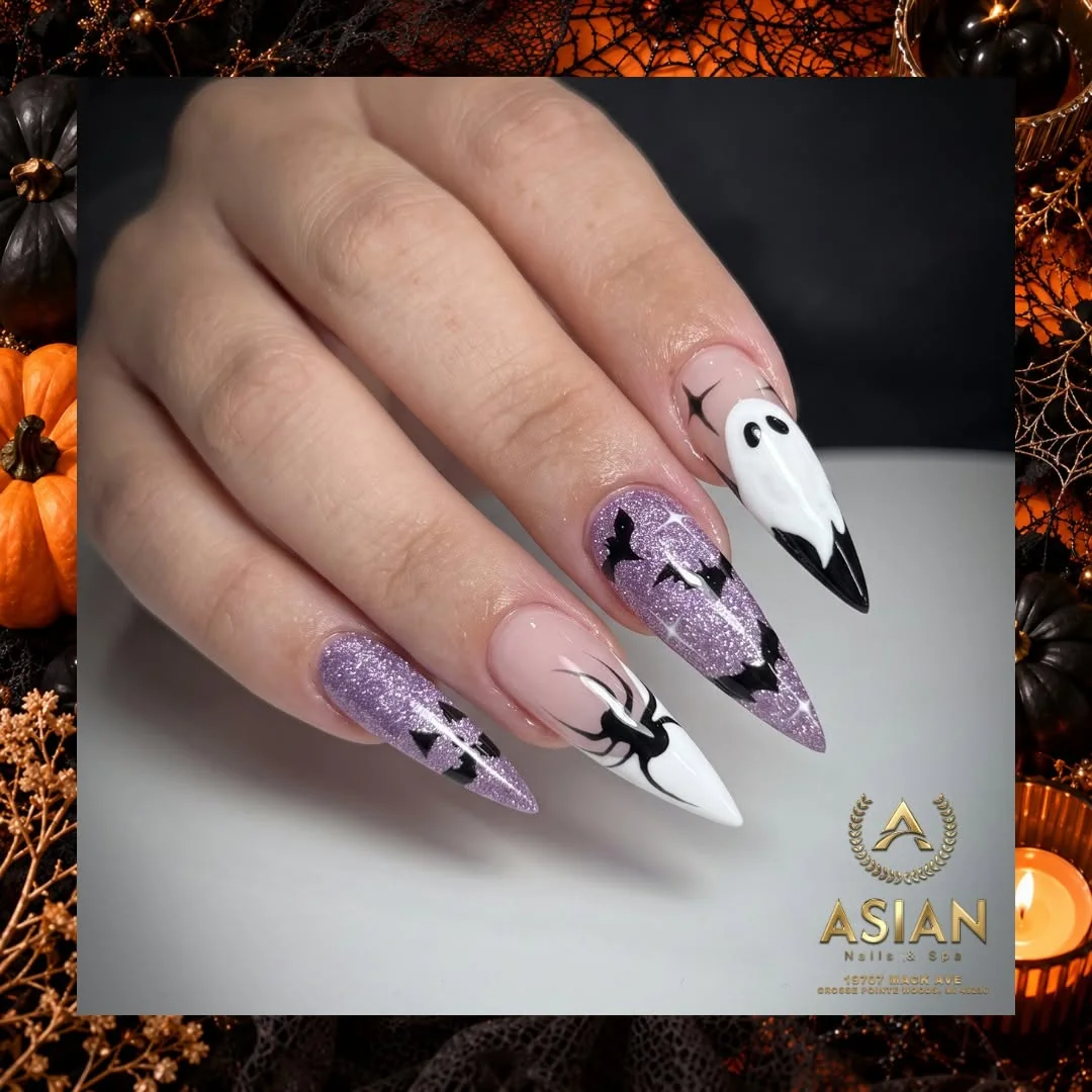 Bat Ghost Glitter nail design idea