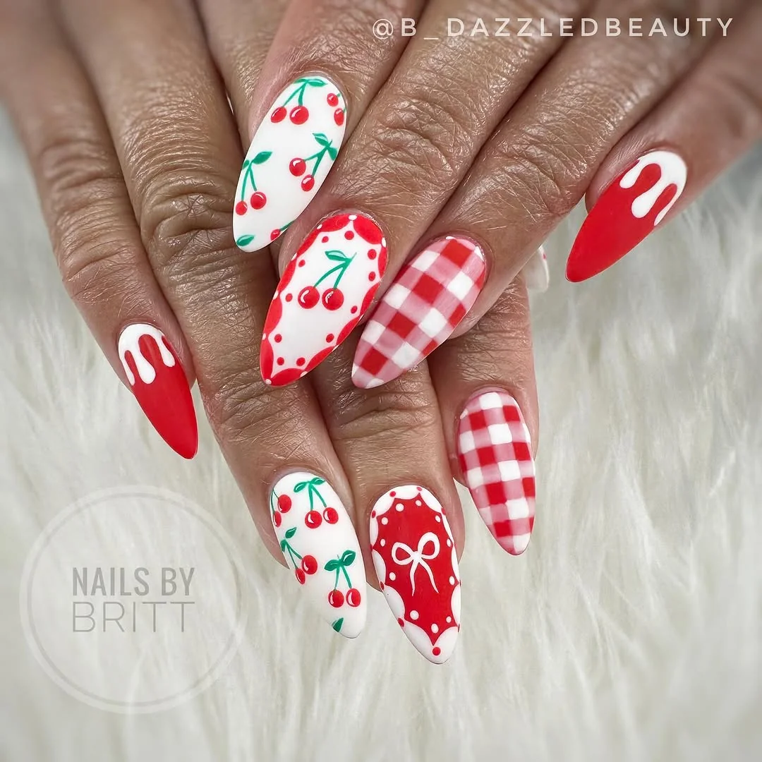 Red Candy Cane Nail Design Red Candy Cane nail design: red white gingham/cherries stiletto