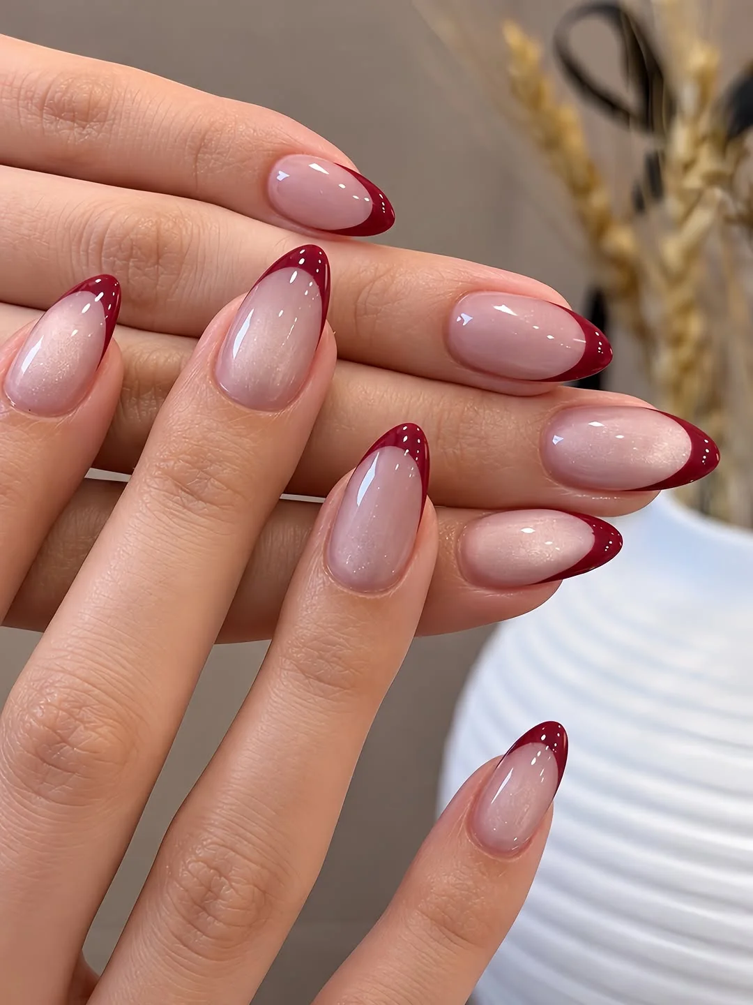Burgundy Mini French nail design: burgundy french tips short almond