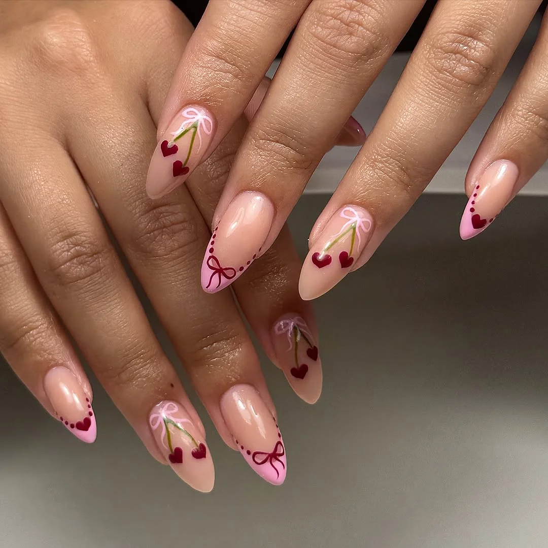 Pink Dot Hearts nail design: pink w tiny hearts dots almond