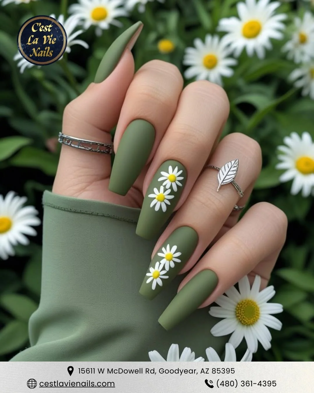 Matte olive green coffin nails with white daisy accent art