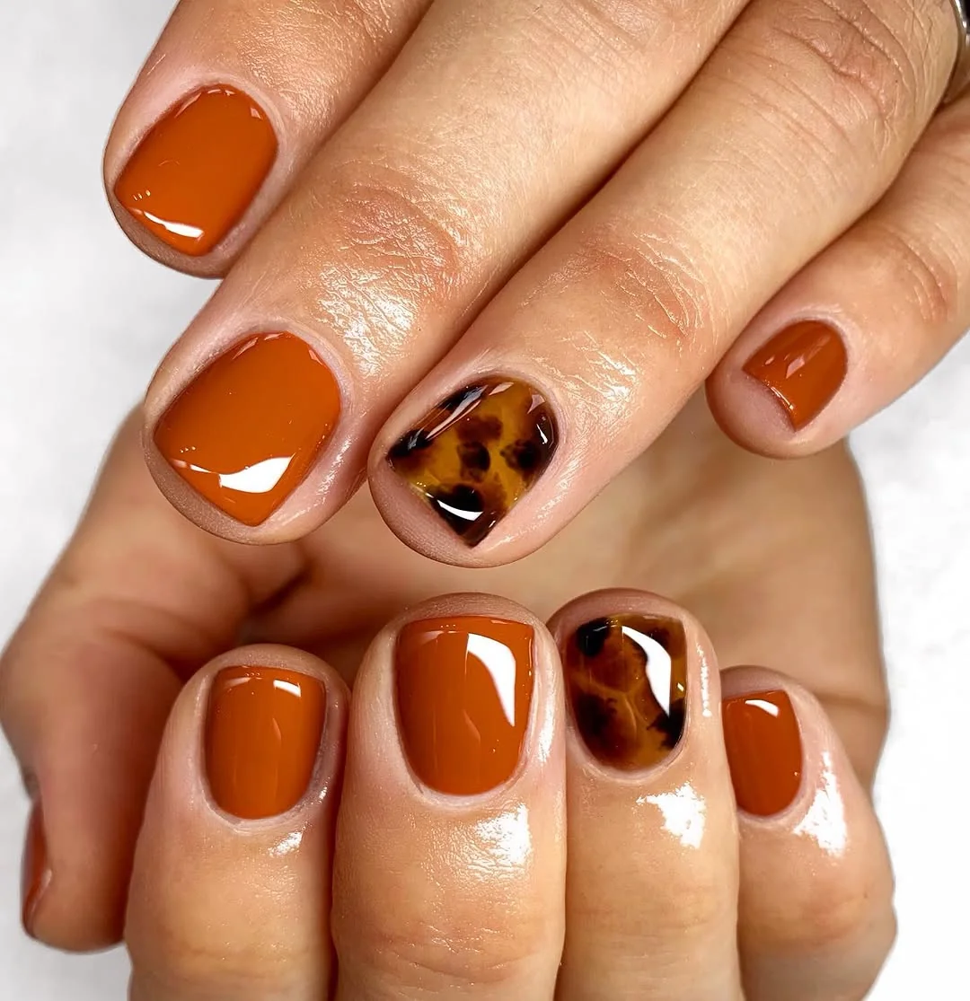 Short rust orange nails with a tortoiseshell accent nail