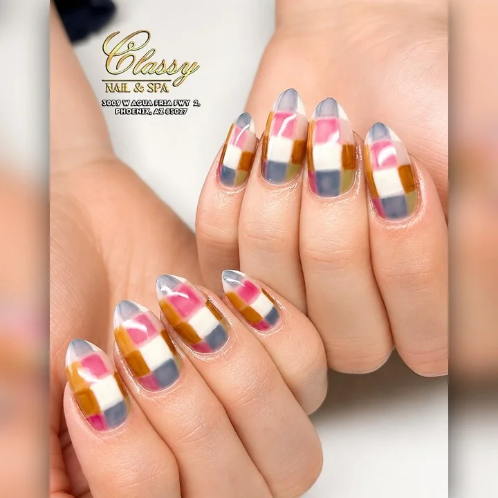 Color Block Checker Nail Design Color Block Checker nail design idea