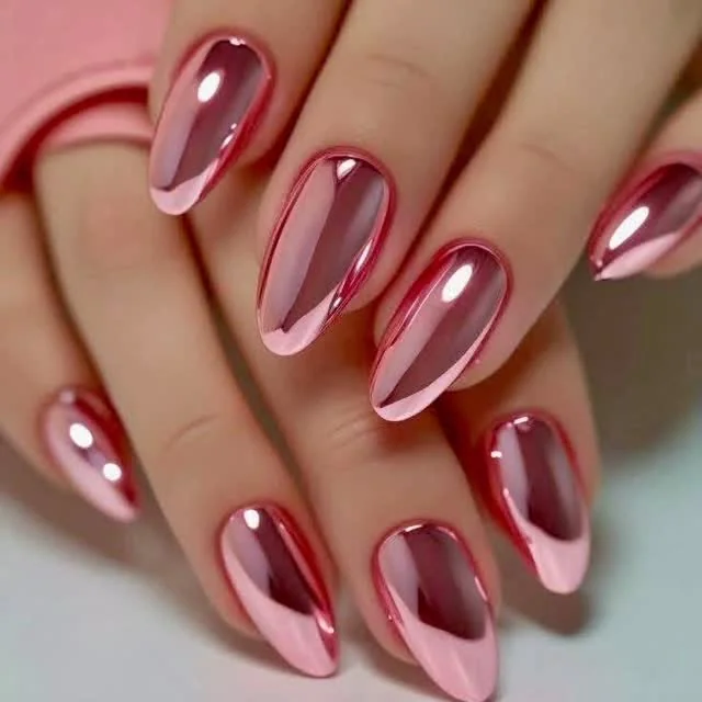 Rhinestone Glazed Pink nail design: pink chrome long almond