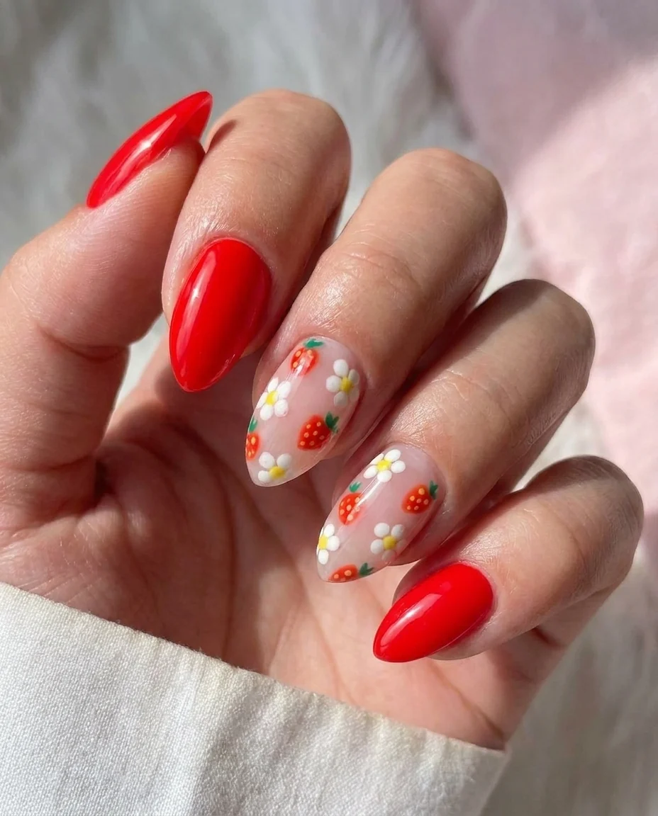 Red Floral Art nail design: red almond w floral accent