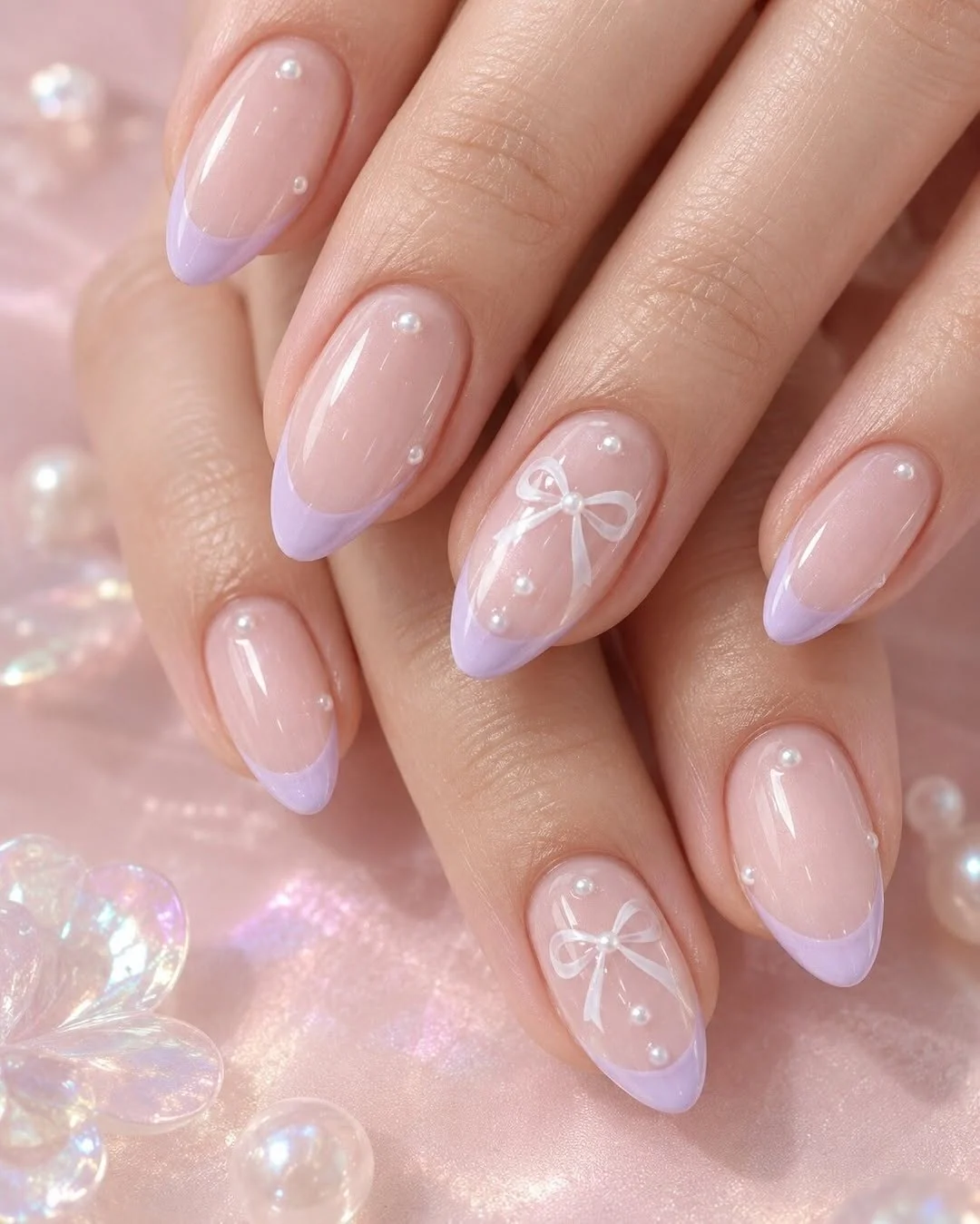 Sheer nude almond nails with lilac French tips and white bows