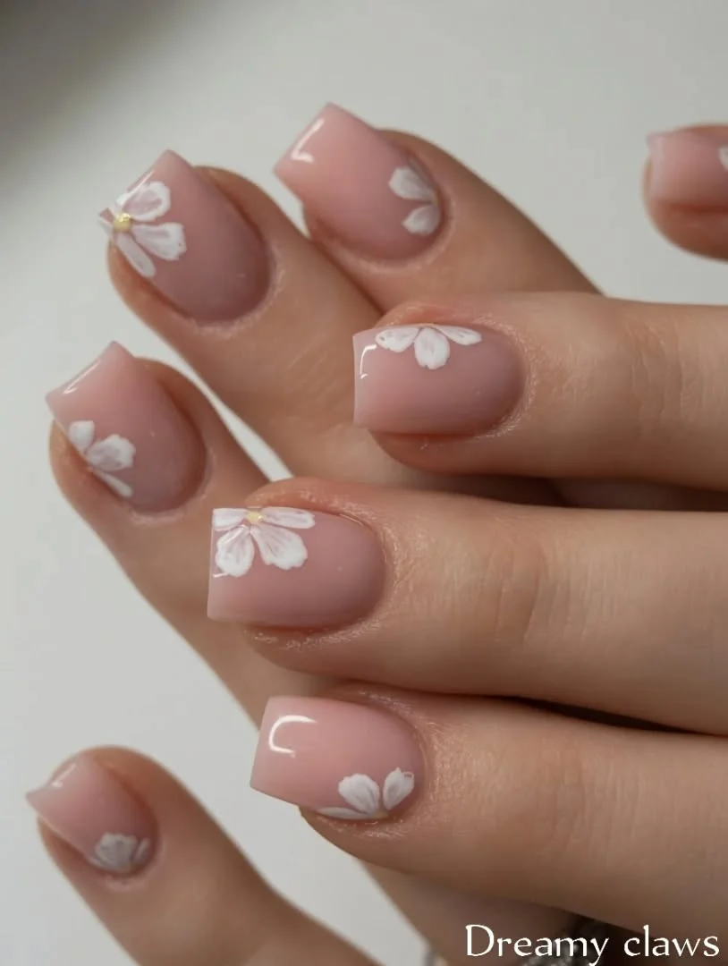 Short nude square nails with white flower accents