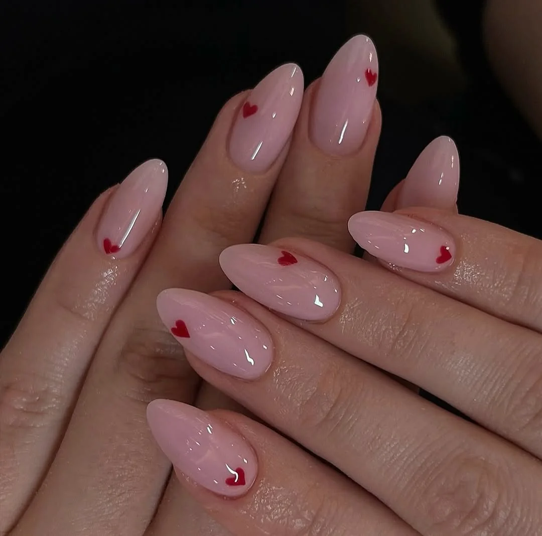 Pink Mini Hearts nail design: pink w tiny red hearts