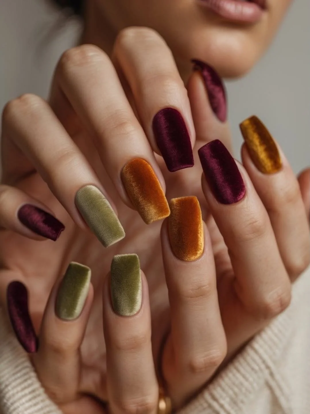 Square velvet nails in olive green, burgundy and amber for fall