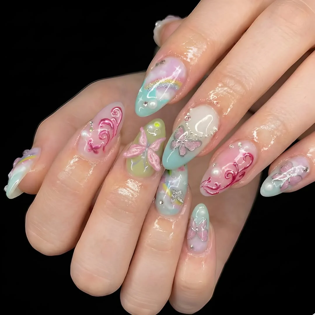 Pastel jelly almond nails with iridescent rainbow butterfly art