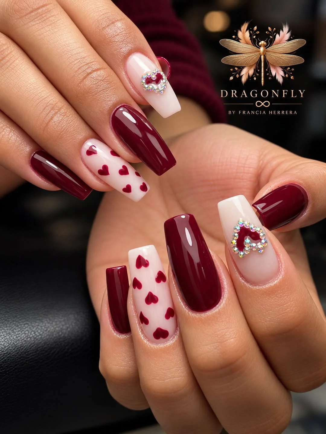 Burgundy Hearts nail design idea