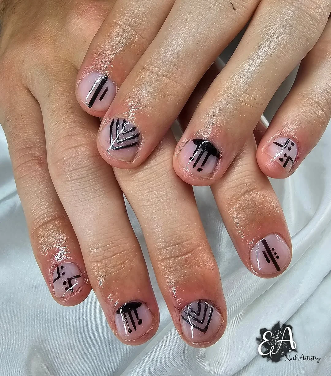 Spider Web Stiletto nail design: gray/black web icons short