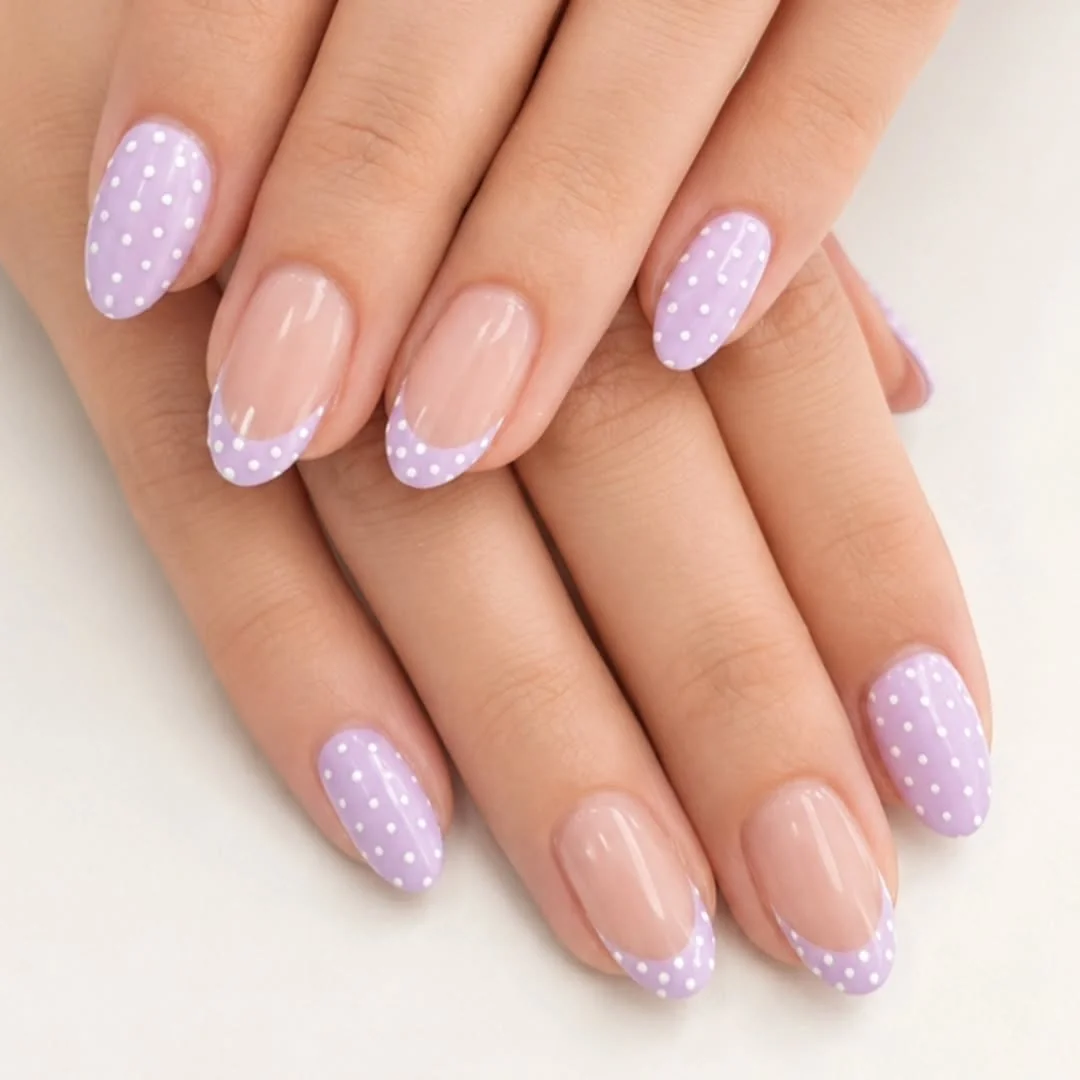 Lavender polka dot almond nails with white dot French tips