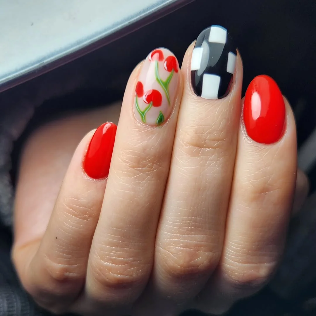 Cherry Checker Nail Design Cherry Checker nail design idea