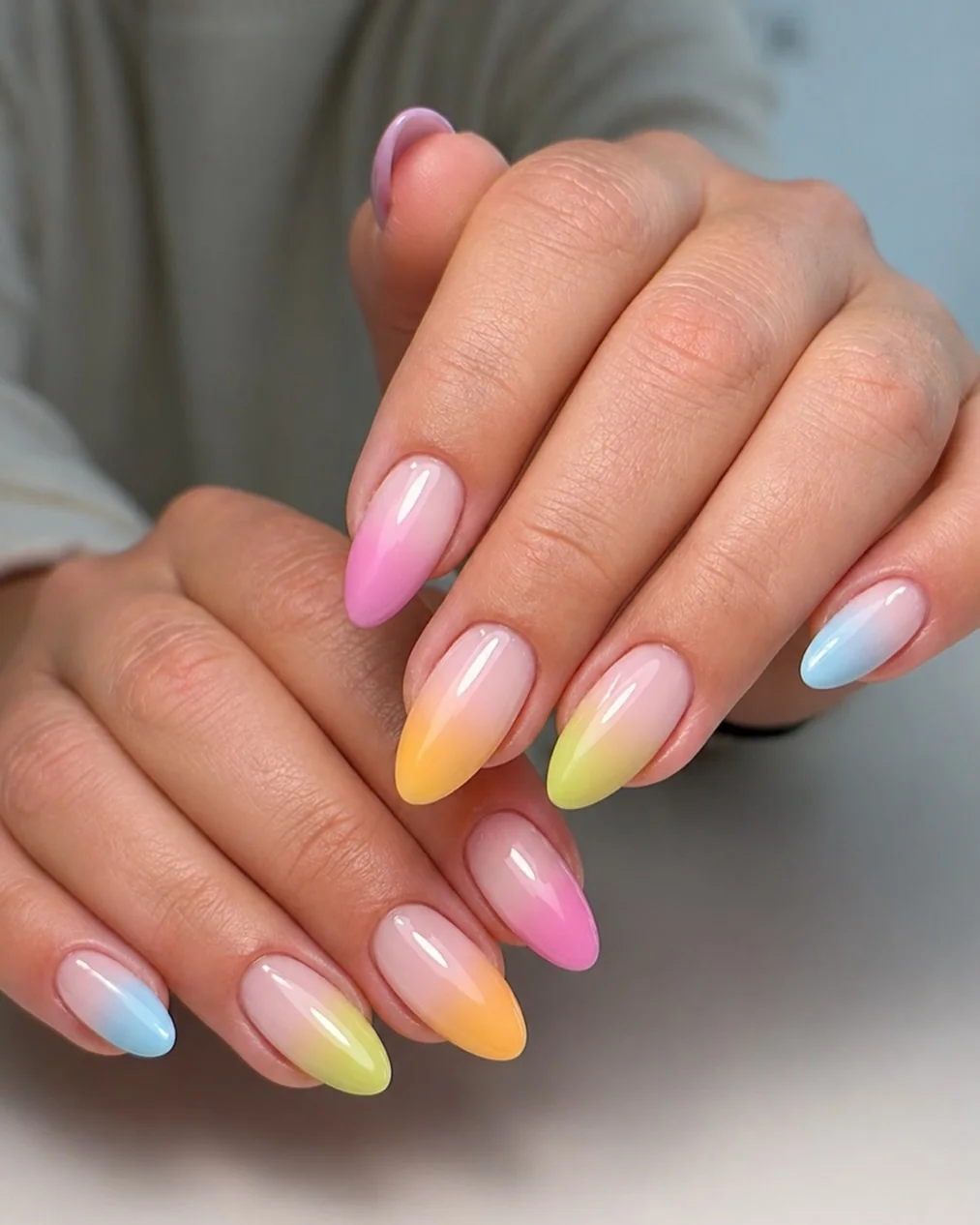 Pastel Rainbow Tips nail design: pastel ombre rainbow tips almond