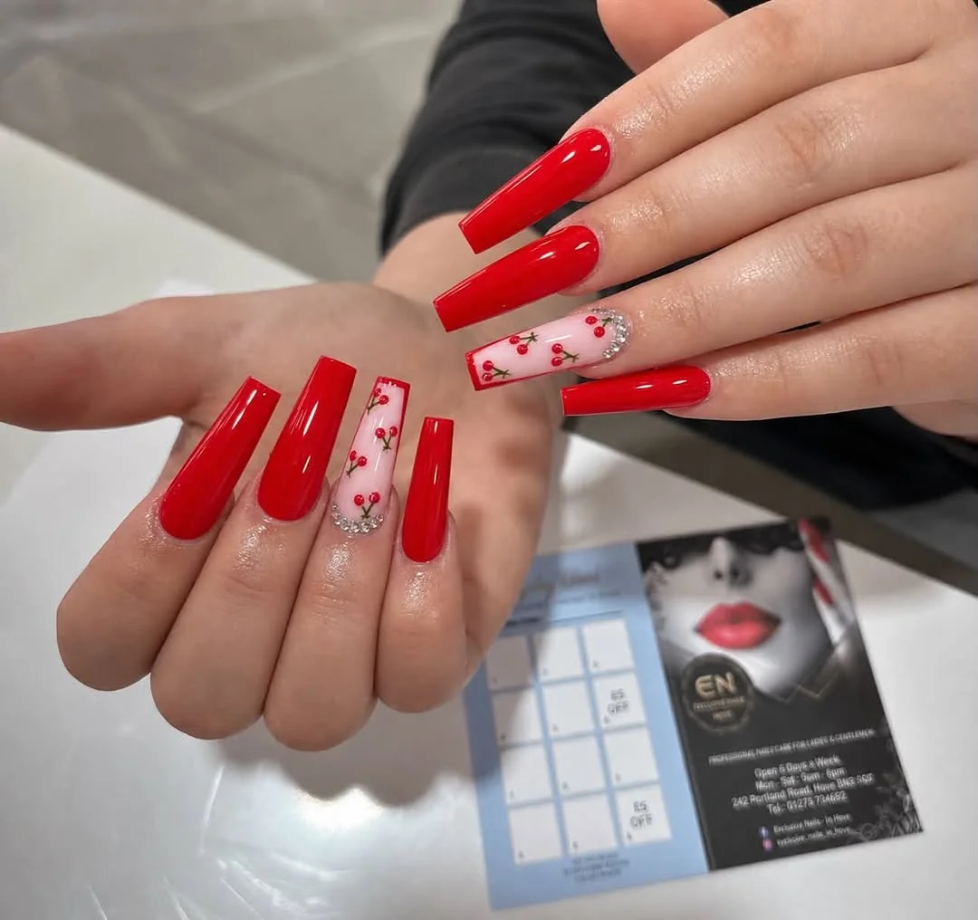 Red Heart Accent nail design: red long coffin hearts