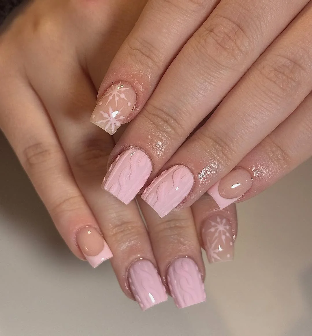 Dusty pink square sweater nails with knit texture and snowflake accent