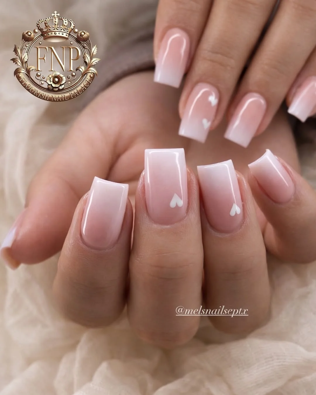 Pink ombré square nails with white heart accents