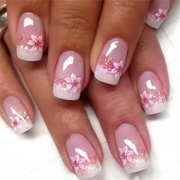 Pink Flower French Nail Design Pink Flower French nail design: pink french w white flowers square