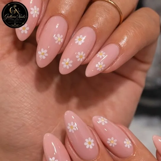 Mini Red Hearts nail design: nude tiny red hearts