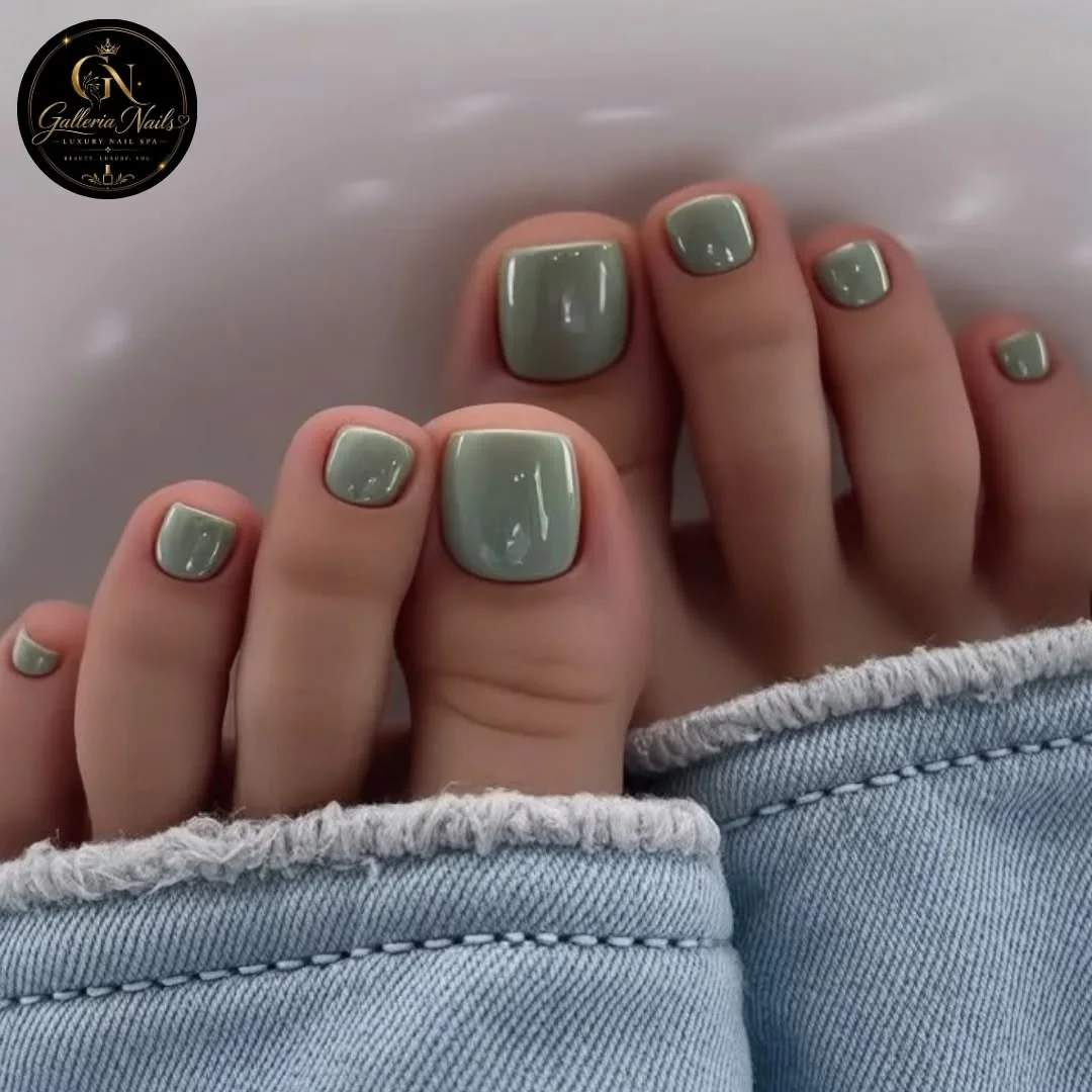 Sage green pedicure on square toenails