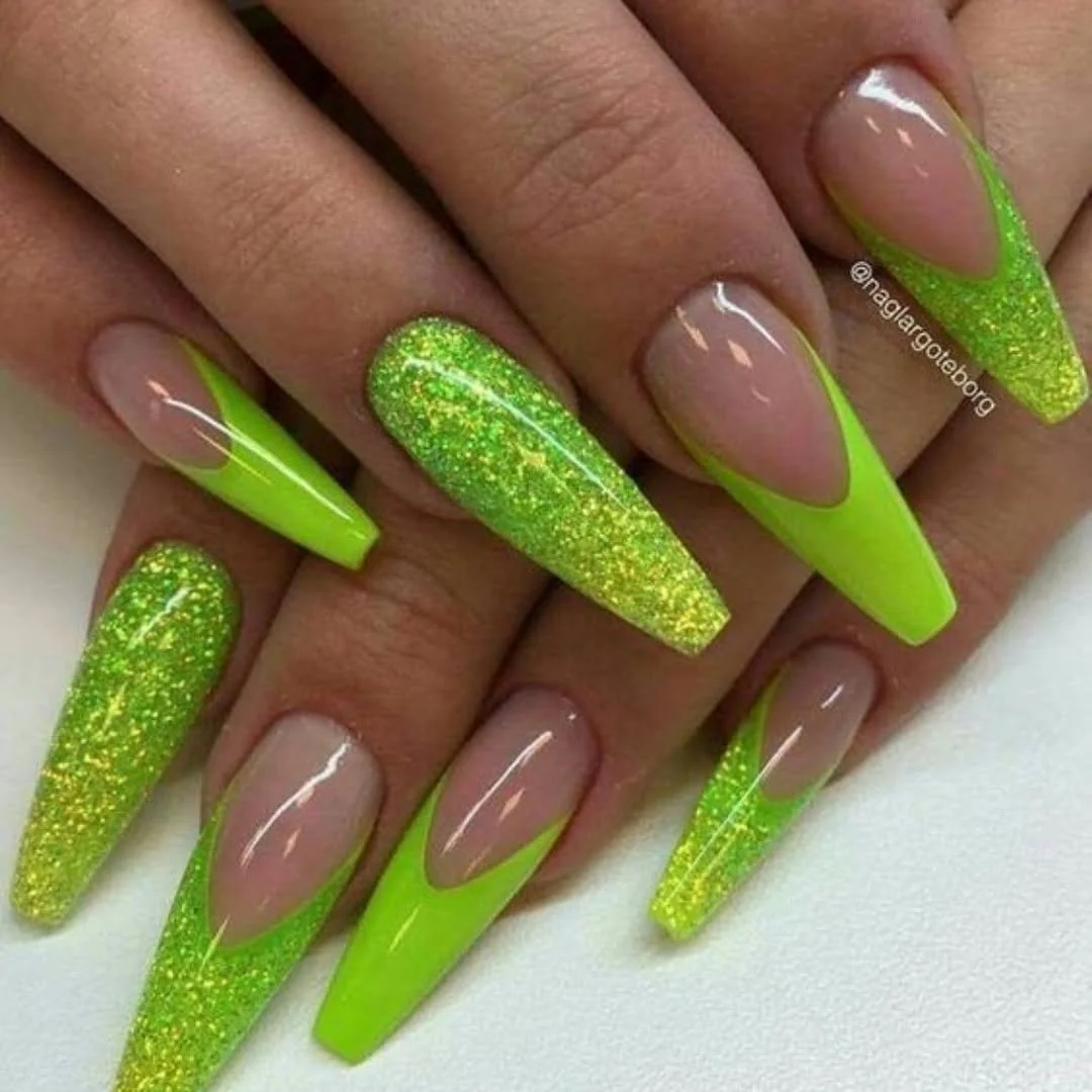Lime green coffin French tip nails with green glitter accent nails
