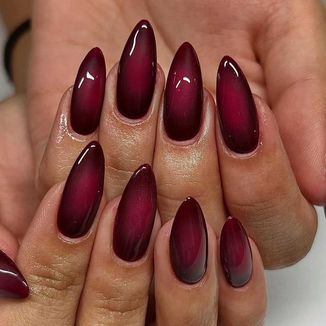 Dark cherry almond nails with a cat eye shine