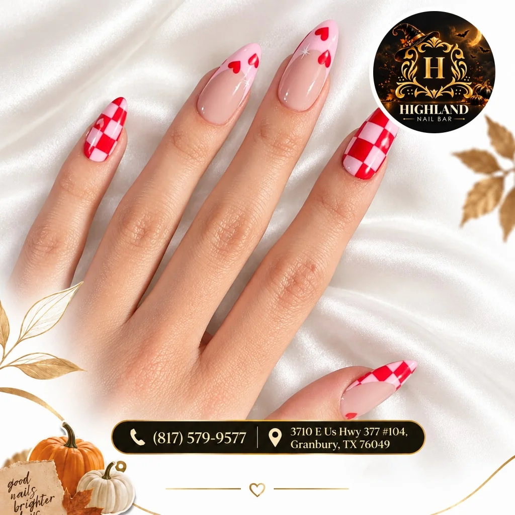 Red Heart Checker nail design idea