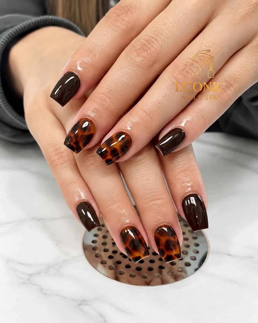 Short square nails in dark brown with tortoiseshell accent nails
